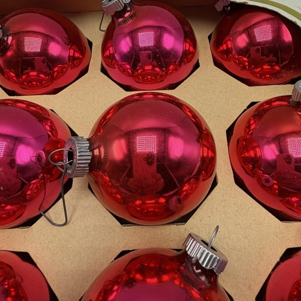 Vintage Shiny Brite Pink Red Glass Christmas Ornaments Set of 12 in Box Read